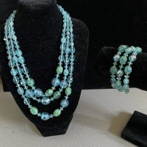 Western Germany 3 Strand Cascading Faceted Crystal & Crackle Glass Set 1950-60's